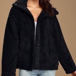 Billabong Sherpa Women Faux Fur Jacket Teddy Bear Snap Button Warm N Cozy Medium Black NWT
