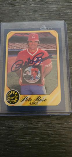 1986 FLEER SUPER STAR PETE ROSE BASEBALL CARD CINCINNATI REDS MOST HITS ALL TIME AUTOGRAPHED