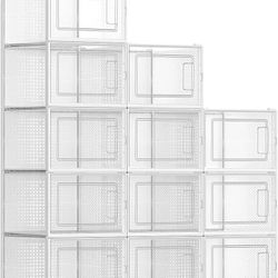 SONGMICS Shoe Boxes, Pack of 12 Shoe Storage Organizers, Stackable Clear Plastic Boxes for Closet, Sneakers, 9.9 x 13.7 x 7.4 Inches, Fit up to US Siz