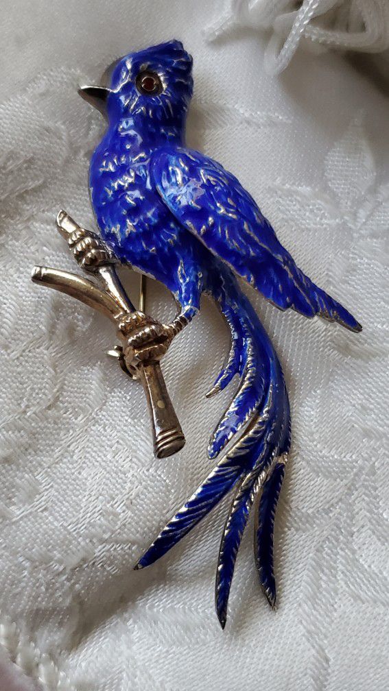 Vintage 800 Silver  Blue Enamel  Bird Broach - 2 3/4"