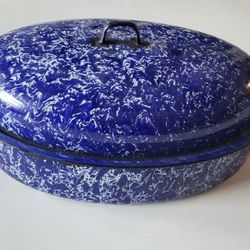 Antique Early Century Blue Swirl Roasting Pan/plates And Blue Speckle  Stock Pot/bowls