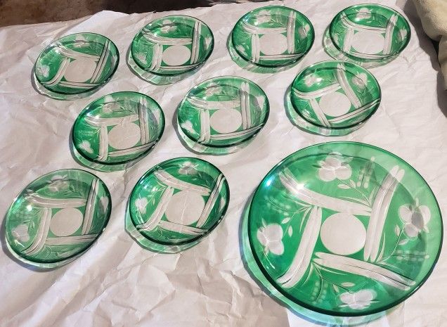 Antique Green Clear Glass Plates Large Small