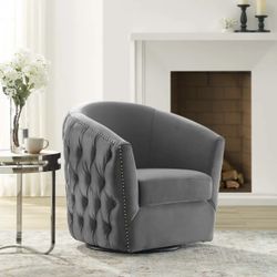 $900 Gray Velvet Upholstered Swivel Barrel Chair - 2 Available