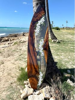 Surfboard Art , 77 inches, Hawaiian Monkeypod and Epoxy flower design