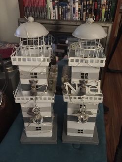 2 Illuminating Lighthouse Sculpture with Battery  Operating Candles with Remote Control $40 Each 
