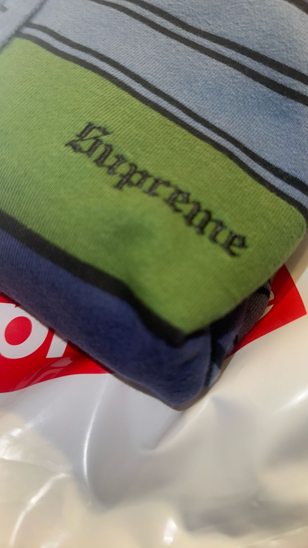 Supreme Blue and Green Striped Hoodie Large