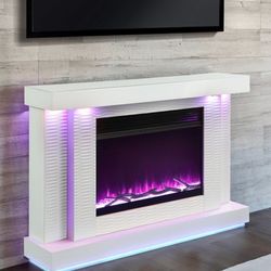 Brand New White 55'Inch TV Stand w Electric Fireplace + Bluetooth Speakers