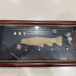 Vintage Fishing Themed Shadow Box Diorama Rainbow Trout Wall Hanging 23.75”x12”