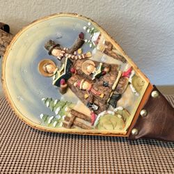 Vintage Rustic Wood Brass Leather Bellows Fireplace Tool Hand Carved Christmas Scene