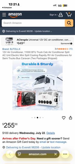 12V Air Conditioner, 11000 BTU Truck Cab Air