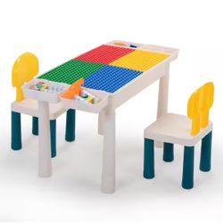 Kids Activity Table and Chair Set with Storage and 100-Pieces Compatible Building Blocks