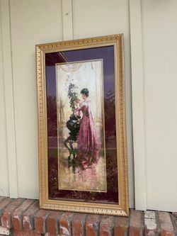 Vintage Floral Art Print | Woman with Chrysanthemums, Gold Frame