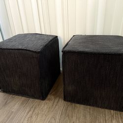 Set of 2 Modern Cube Ottomans - Dark Woven Fabric