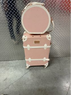 2-Piece Pink Vintage Travel Luggage Set | Spinner Suitcase + Matching Vanity/Makeup Case