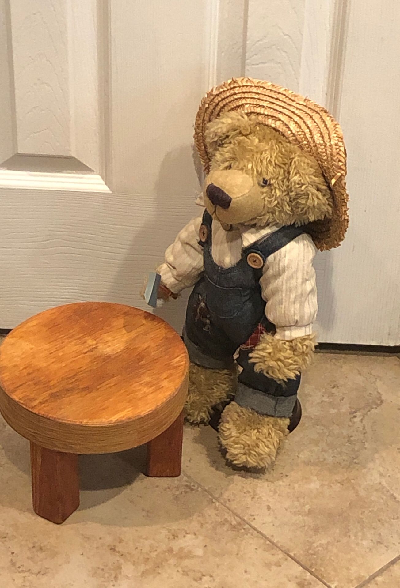 Adorable country teddy bear with stand And solid wood stool
