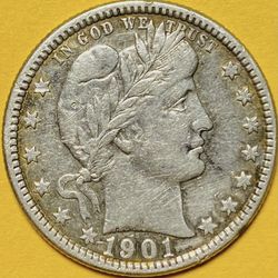 1901 U.S. BARBER SILVER QUARTER 25c COIN (XF-Extra Fine)