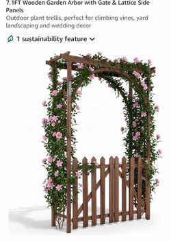 7.1FT Wooden Garden Arbor with Gate & Lattice Side Panels