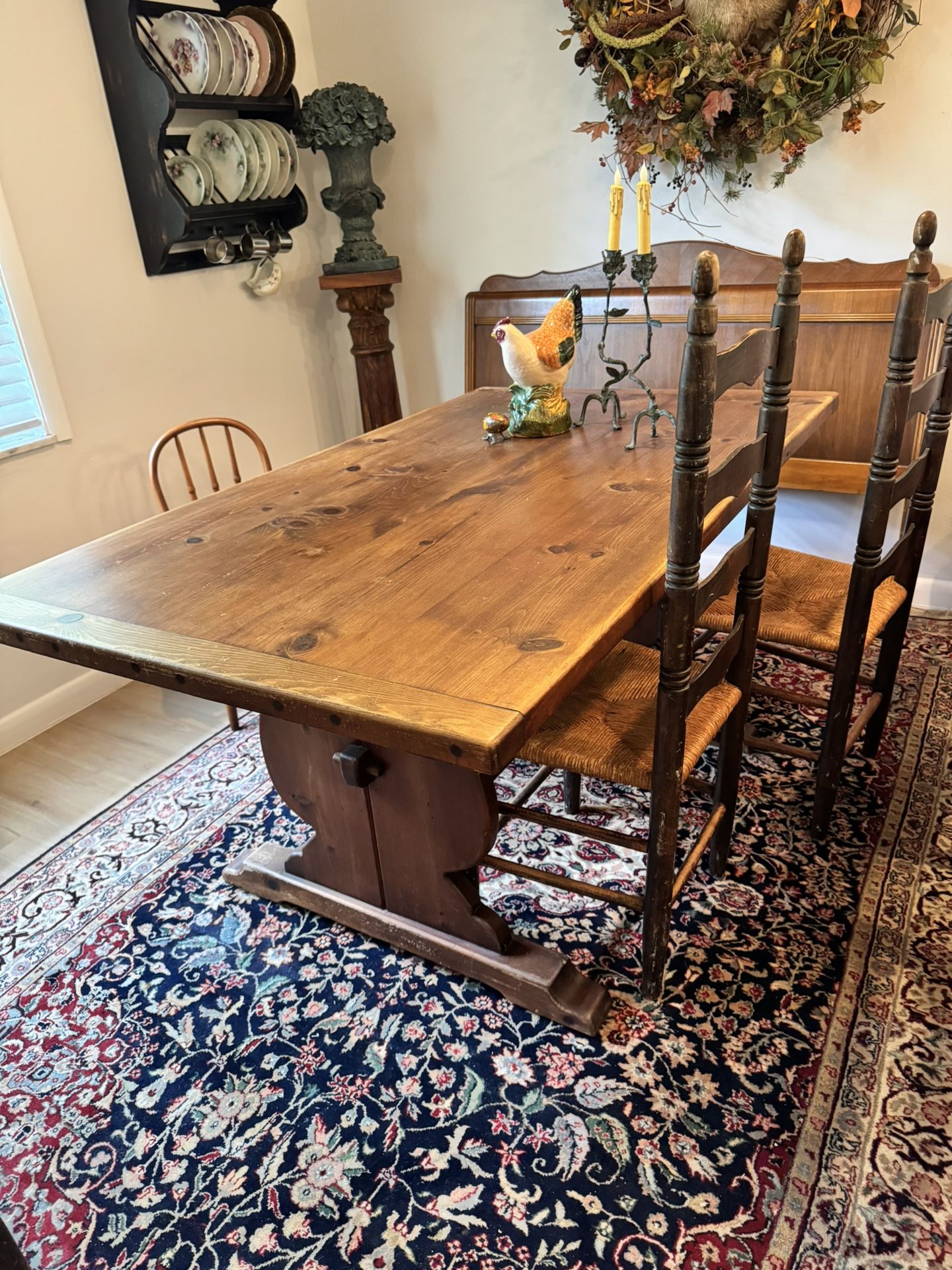 Rectangular Trestle Table with 2 leafs and 7 black matching Ladder Back Chairs with their Original Rush Seats 