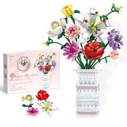 730 Piece Block Flowers Bouquet Building Set, 10 Artificial Flowers, with Vase