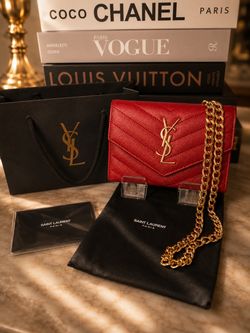 Saint Laurent Red Chevron Quilted Leather Envelope Wallet/card holder with COA