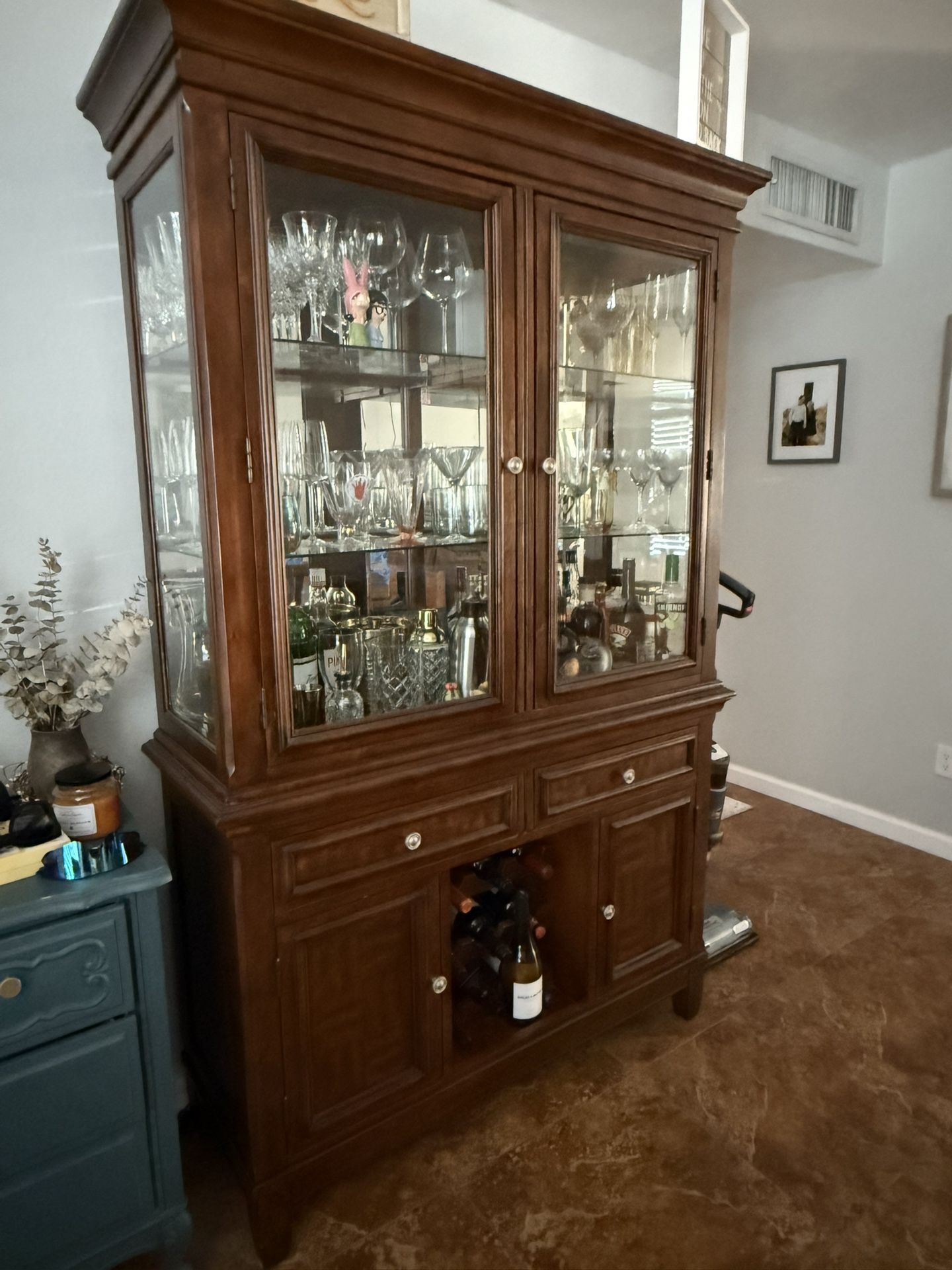 Elegant Solid Wood China Cabinet / Bar Hutch with Wine Rack