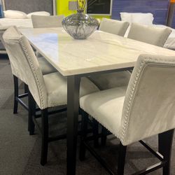 Marble Dining Counter Height Table With 6 Chairs