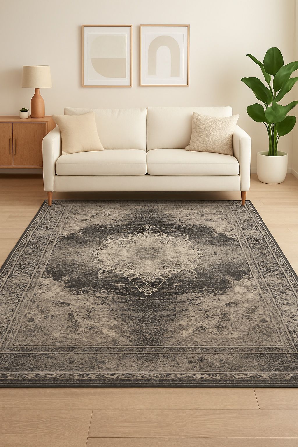 5x7 Dark gray and Beige Distressed Medallion Area Rug silk pile carpet