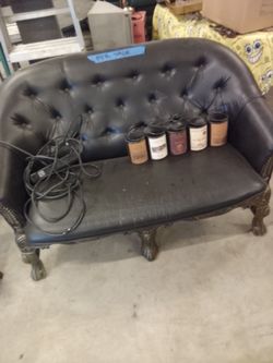 Black Tufted Leather Loveseat with Carved Legs