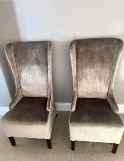 Set of 2 Upholstered High Back Accent Chairs, Solid Beige/Brown, Indoor