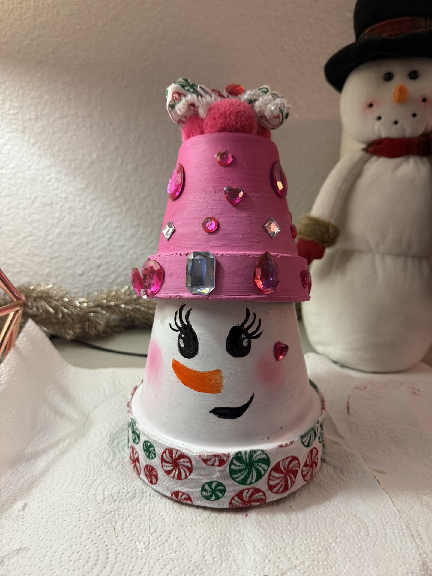 Hand Painted Terracotta Pot Snowman Barbie Style
