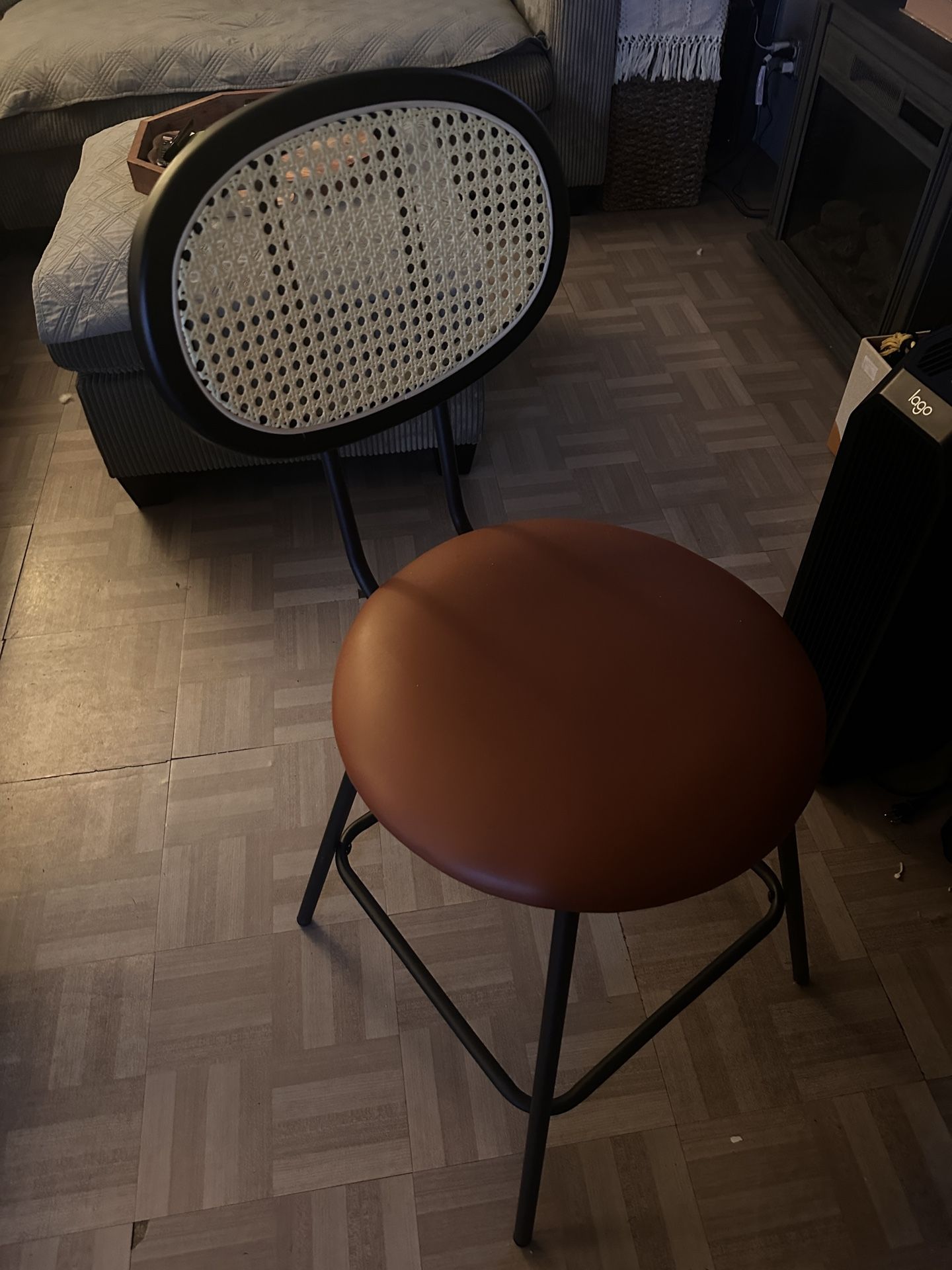 2 Brown Leather Rattan Stools
