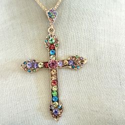 Betsey Johnson Multicolor Rhinestone Cross Necklace Gold Tone