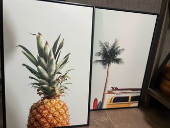Set of 2 Framed Coastal Wall Art Prints – Pineapple & Surf Van