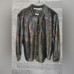 Vintage Made in Korea Sequin Disco Shirt Button Up Long Sleeve Party Top 12P