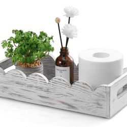 Brand new $18  Accessories not included    Bathroom Basket for Toilet Tank - White Wood Toilet Basket with Decorative Wavy Panels, Back of Toilet Orga