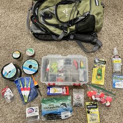 Fishing Gear Bundle - Teton Backpack with Water Bladder, Tackle Box, Lures & More