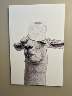 Llama With Toilet Paper Roll Crown Canvas Art. Already stretched and mounted on wooden frame. 20 × 30 inch canvas print. Brand new.