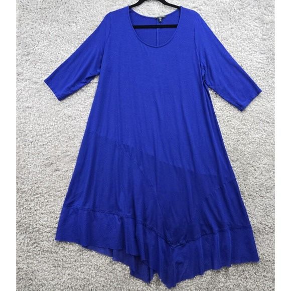 Eileen Fisher Midi Dress Women 1X Blue 3/4 Sleeve Pullover Stretch Asymmetrical