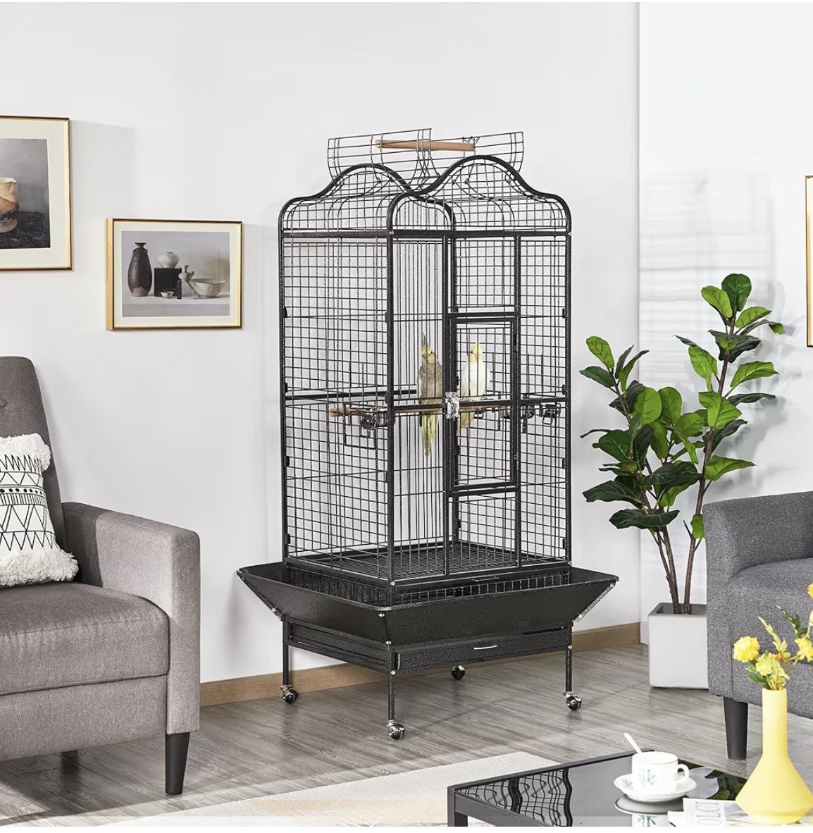 Extra Large Bird Cage 63" Open Play Top Bird Cage for African Grey Parrots/Amazon Parrot/Caiques/Macaw with 360° Wheels