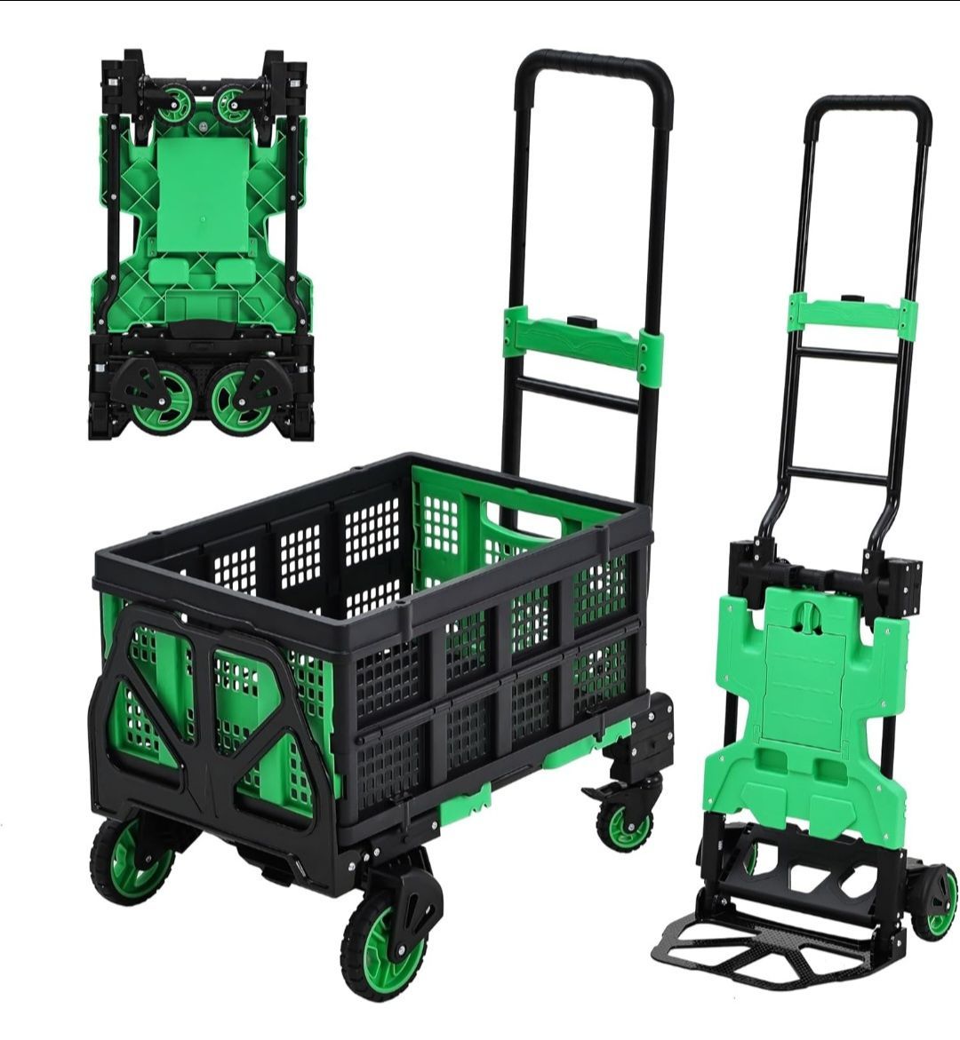 330 LB Heavy Duty Dolly Cart with Foldable Basket, Foldable Hand Truck with Bungee Rope, Rubber Wheels and Retractable Handle for Luggage, Travel, Mov