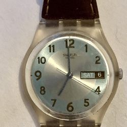 Swatch Watch Blue Conker Watch With Time And Date 9”in. Leather Band