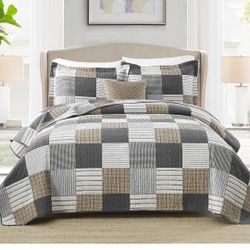 Finlonte Quilt King Size - 100% Cotton Plaid King Size Comforter Set Farmhouse Quilt Bedding Set, Reversible Lightweight Bedspread, Grey Brown White Q