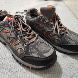 KHOMBU mens athletic trail hiking outdoor shoes in all dark gray color with orange accents throughout. 
Size 10W. New, never worn. Without a box.
