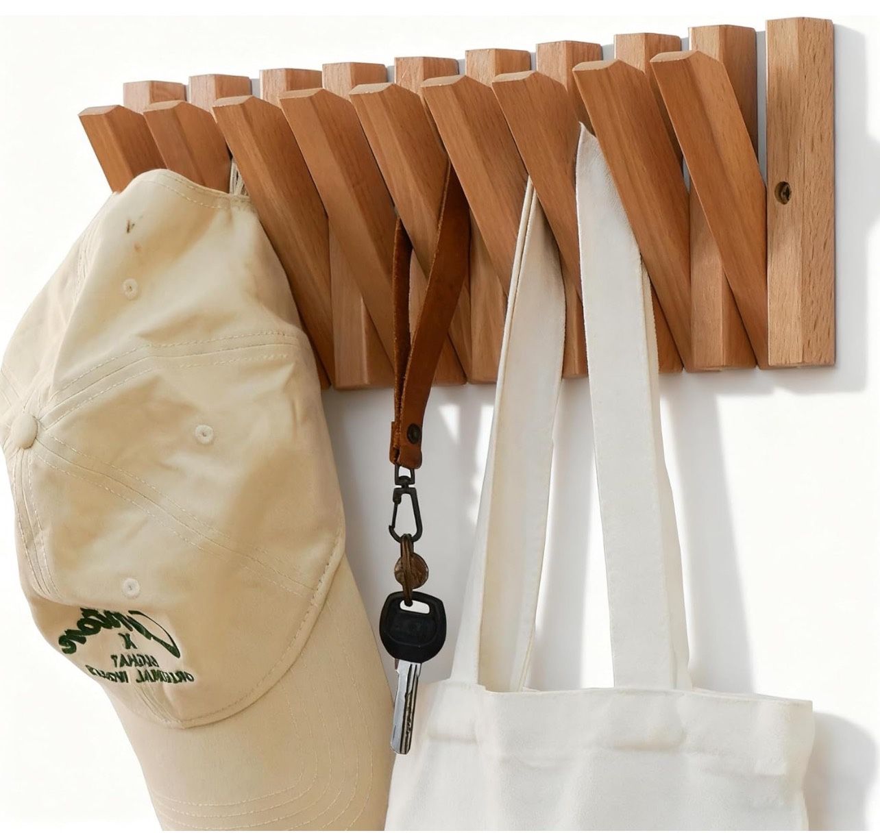 Coat & Hat Hooks Wall Mount with Key Holder, Wall Mounted Coat Rack with 9 Retractable Hangers, Solid Wood Slim Key Holder for Entryway, 17in Natural 