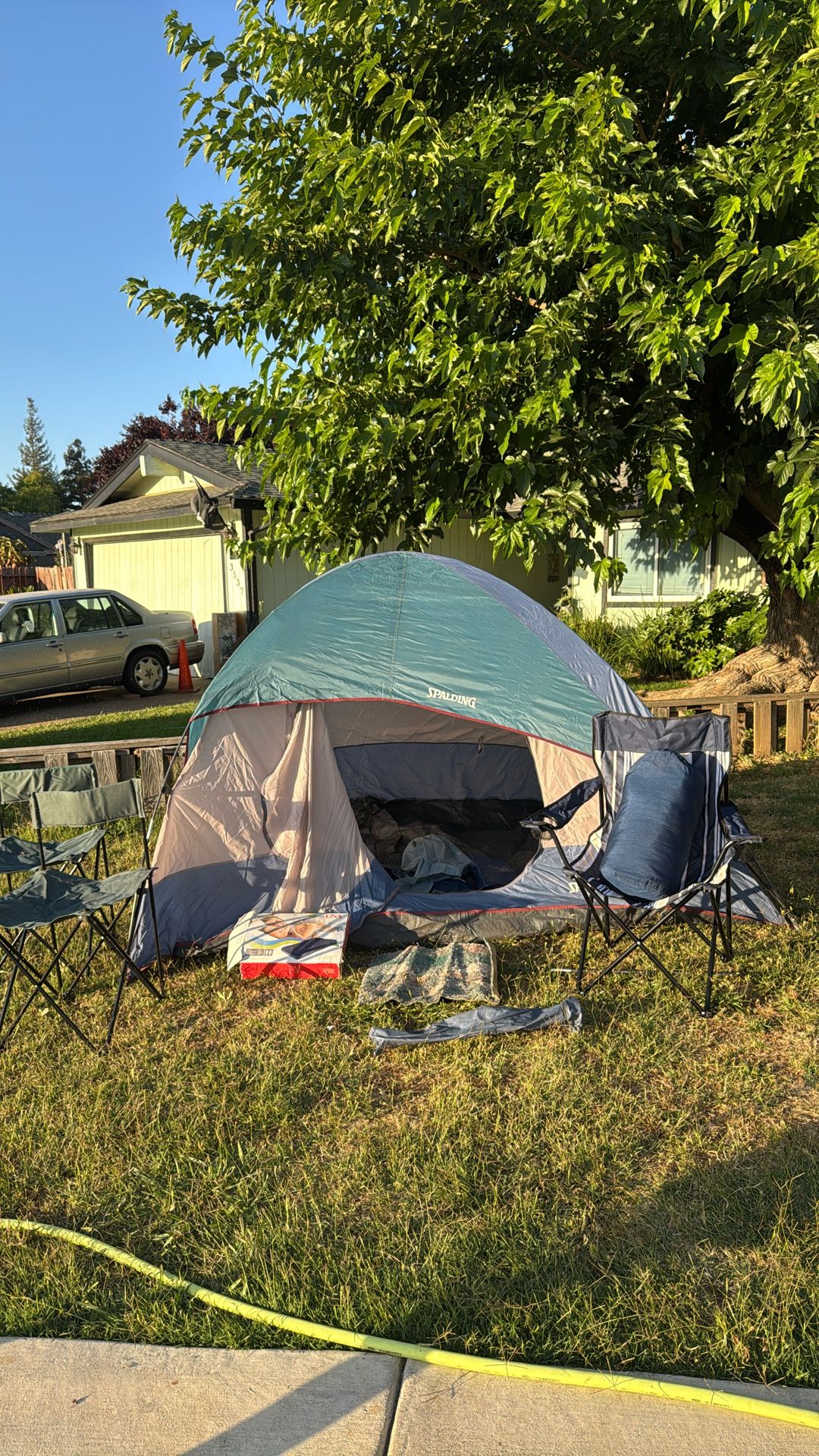Combo Spalding 2P Dome Tent With Air Mattress, 1 Sleeping Bag, & 3 Folding Chairs