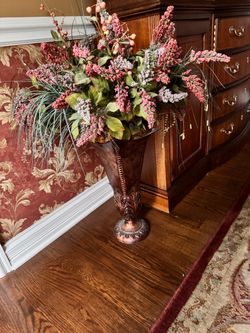 Large Floor Urn with Faux Flower Display Brown Pink Purple