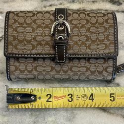 Genuine Coach Brown Signature Canvas w/Leather Trim Small Wallet Buckle Snap Closure