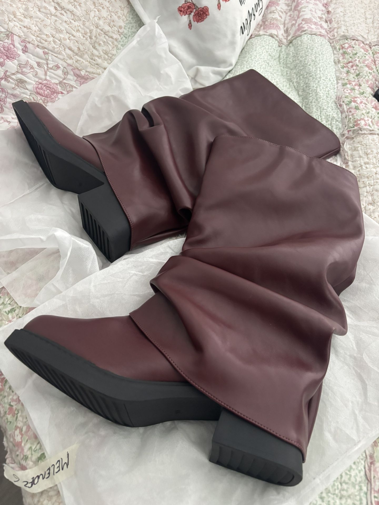 (212121-21) Womens Black Boots - Mid Calf Fold Over Chunky High Heel Boots for Women With Side Zipper PU Leather Womens Shark Boot Calf High Square To