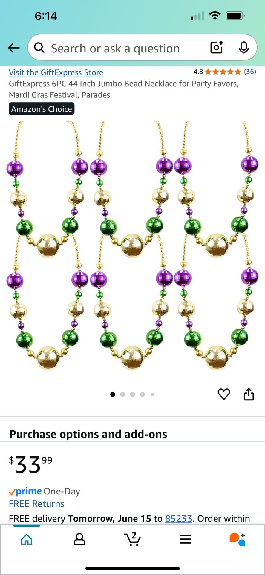 BRAND NEW- 6 Piece Jumbo Mardi Gras Bead Necklace With 30 Throw Beads