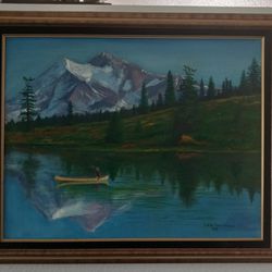 Len Goldman Original Painting Signed Gold Framed Mountain Lake With Man In Canoe Large Painting. Oil painting on canvas with golden and black velvet 